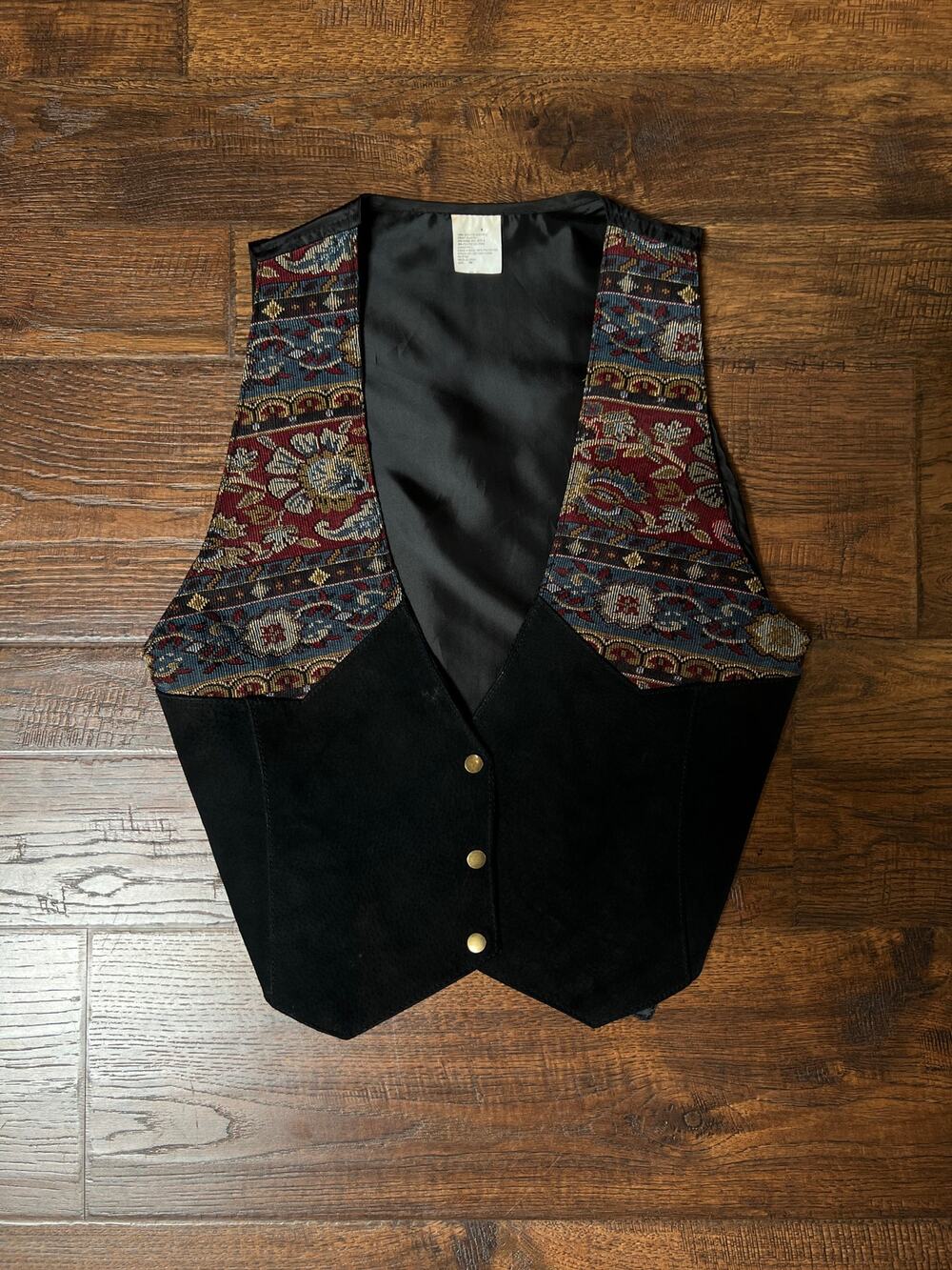 Vintage Suede Vest - Black Tapestry Yoke Gold Snap Tailored Waistcoat  - SM/MED